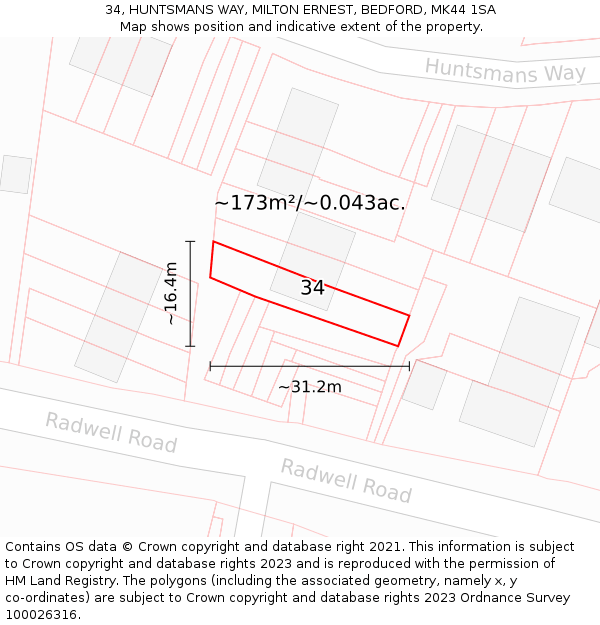 34, HUNTSMANS WAY, MILTON ERNEST, BEDFORD, MK44 1SA: Plot and title map