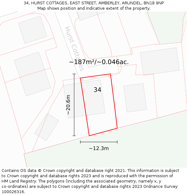 34, HURST COTTAGES, EAST STREET, AMBERLEY, ARUNDEL, BN18 9NP: Plot and title map