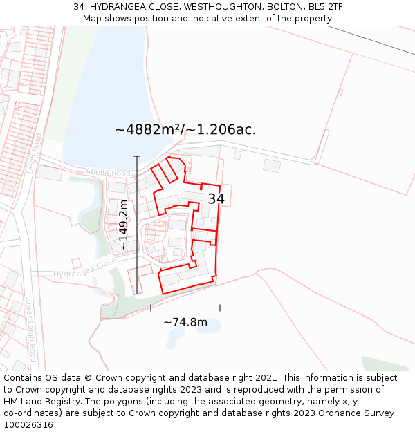 34, HYDRANGEA CLOSE, WESTHOUGHTON, BOLTON, BL5 2TF: Plot and title map
