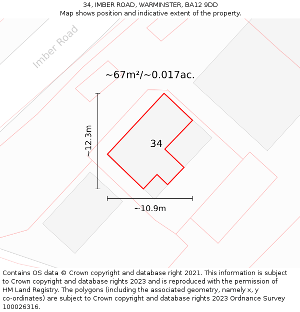 34, IMBER ROAD, WARMINSTER, BA12 9DD: Plot and title map