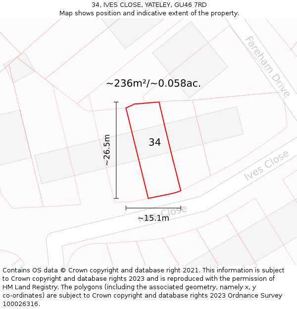 34, IVES CLOSE, YATELEY, GU46 7RD: Plot and title map