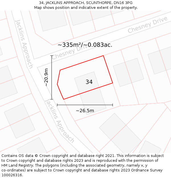 34, JACKLINS APPROACH, SCUNTHORPE, DN16 3PG: Plot and title map