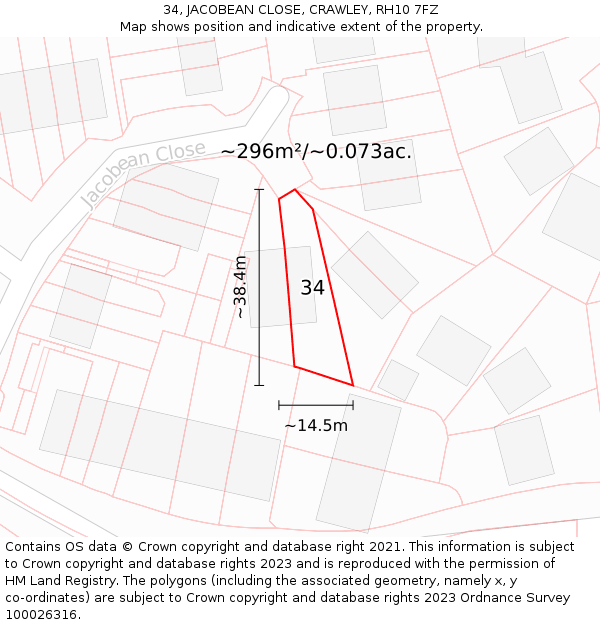 34, JACOBEAN CLOSE, CRAWLEY, RH10 7FZ: Plot and title map