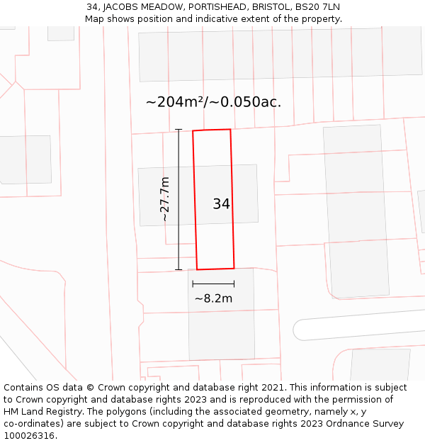 34, JACOBS MEADOW, PORTISHEAD, BRISTOL, BS20 7LN: Plot and title map