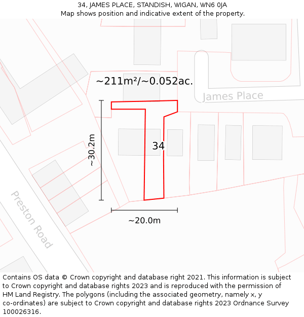 34, JAMES PLACE, STANDISH, WIGAN, WN6 0JA: Plot and title map