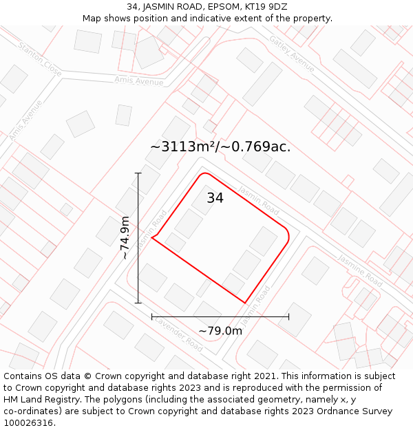 34, JASMIN ROAD, EPSOM, KT19 9DZ: Plot and title map