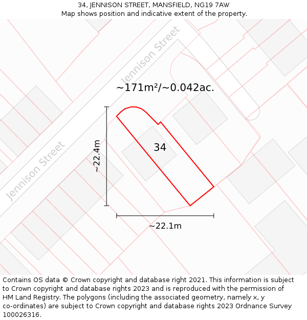 34, JENNISON STREET, MANSFIELD, NG19 7AW: Plot and title map