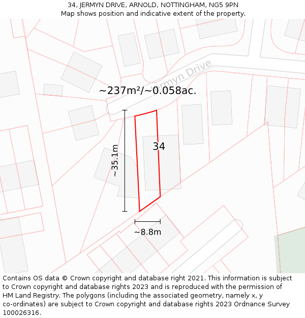 34, JERMYN DRIVE, ARNOLD, NOTTINGHAM, NG5 9PN: Plot and title map
