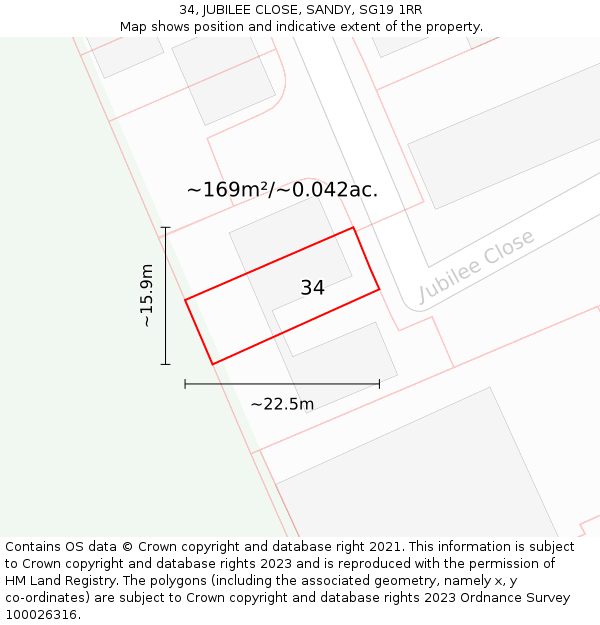 34, JUBILEE CLOSE, SANDY, SG19 1RR: Plot and title map