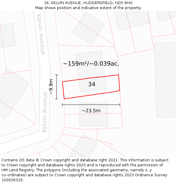 34, KELVIN AVENUE, HUDDERSFIELD, HD5 9HG: Plot and title map
