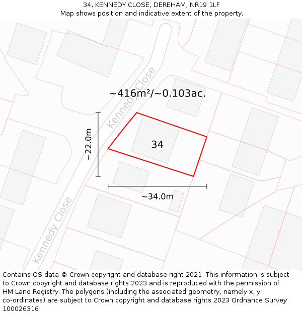 34, KENNEDY CLOSE, DEREHAM, NR19 1LF: Plot and title map