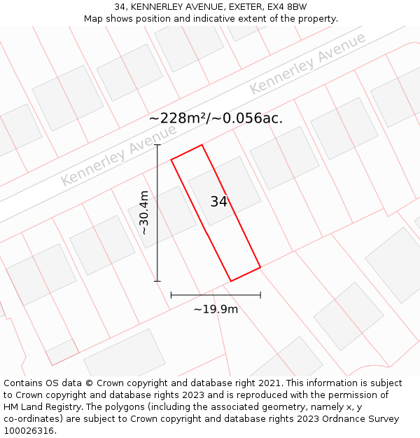 34, KENNERLEY AVENUE, EXETER, EX4 8BW: Plot and title map