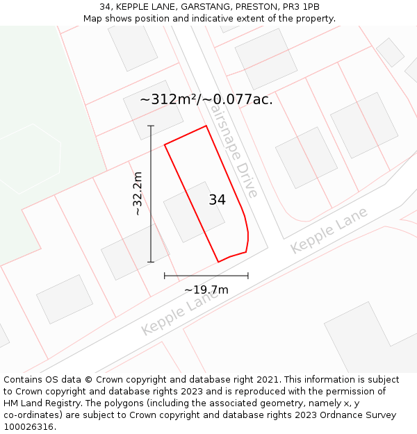 34, KEPPLE LANE, GARSTANG, PRESTON, PR3 1PB: Plot and title map