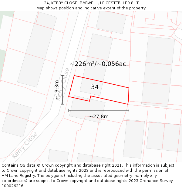 34, KERRY CLOSE, BARWELL, LEICESTER, LE9 8HT: Plot and title map