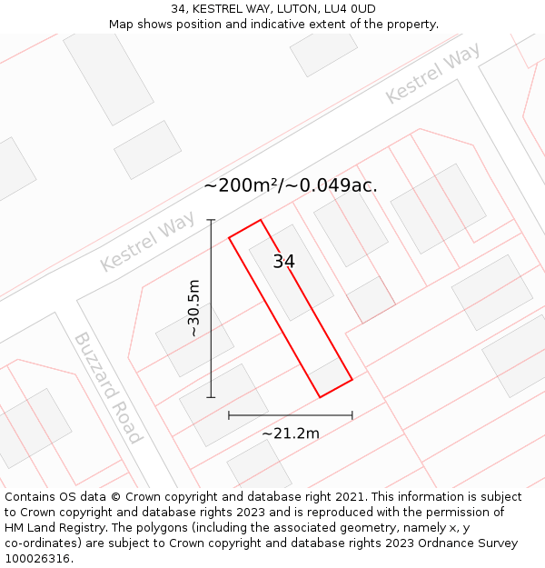 34, KESTREL WAY, LUTON, LU4 0UD: Plot and title map