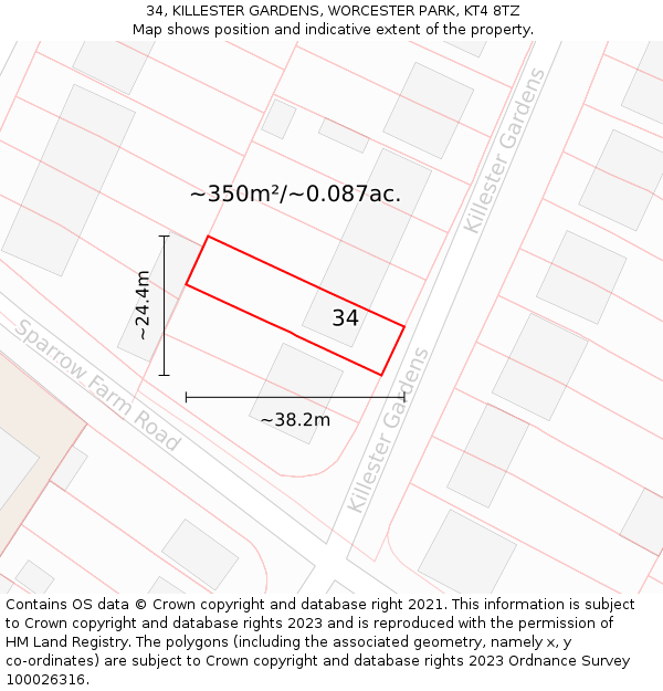 34, KILLESTER GARDENS, WORCESTER PARK, KT4 8TZ: Plot and title map