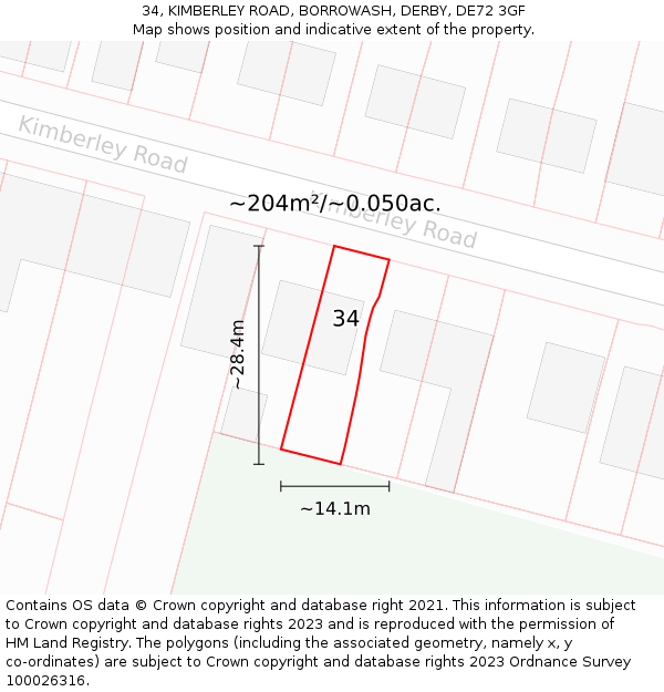 34, KIMBERLEY ROAD, BORROWASH, DERBY, DE72 3GF: Plot and title map