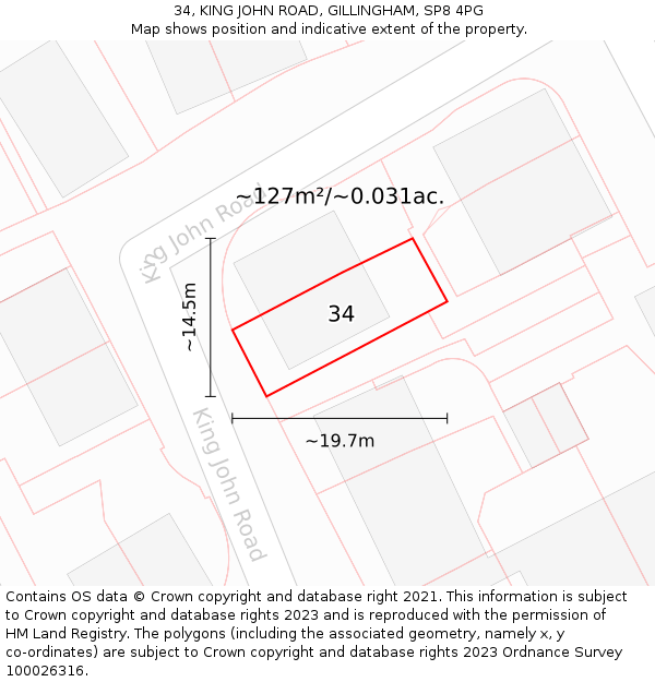 34, KING JOHN ROAD, GILLINGHAM, SP8 4PG: Plot and title map