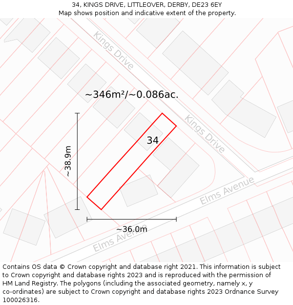 34, KINGS DRIVE, LITTLEOVER, DERBY, DE23 6EY: Plot and title map