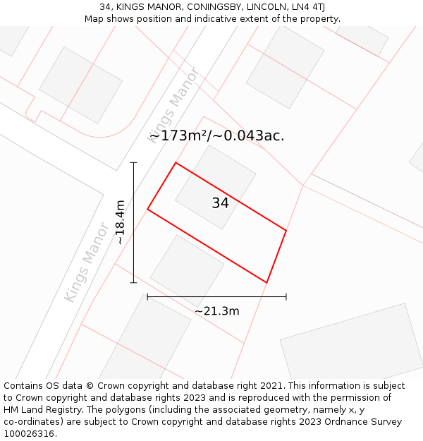 34, KINGS MANOR, CONINGSBY, LINCOLN, LN4 4TJ: Plot and title map