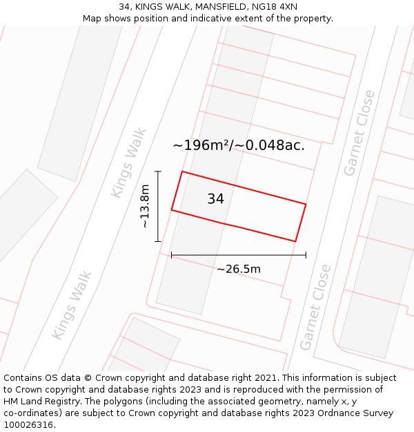 34, KINGS WALK, MANSFIELD, NG18 4XN: Plot and title map