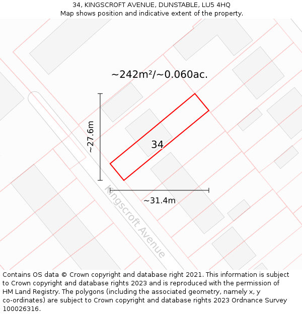 34, KINGSCROFT AVENUE, DUNSTABLE, LU5 4HQ: Plot and title map