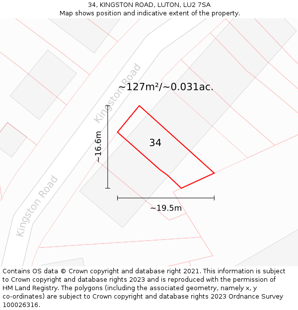 34, KINGSTON ROAD, LUTON, LU2 7SA: Plot and title map