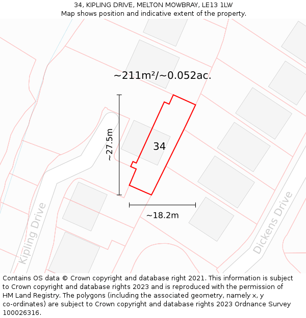 34, KIPLING DRIVE, MELTON MOWBRAY, LE13 1LW: Plot and title map