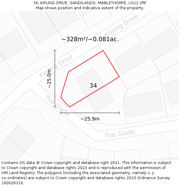 34, KIPLING DRIVE, SANDILANDS, MABLETHORPE, LN12 2RF: Plot and title map