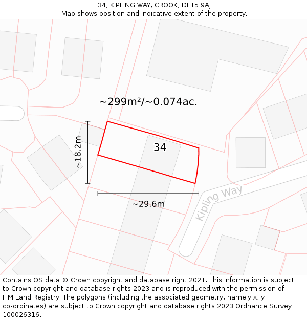 34, KIPLING WAY, CROOK, DL15 9AJ: Plot and title map