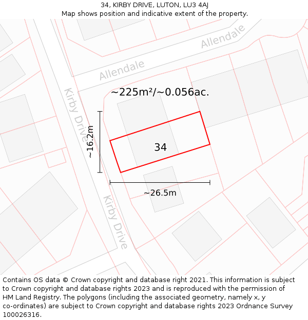 34, KIRBY DRIVE, LUTON, LU3 4AJ: Plot and title map