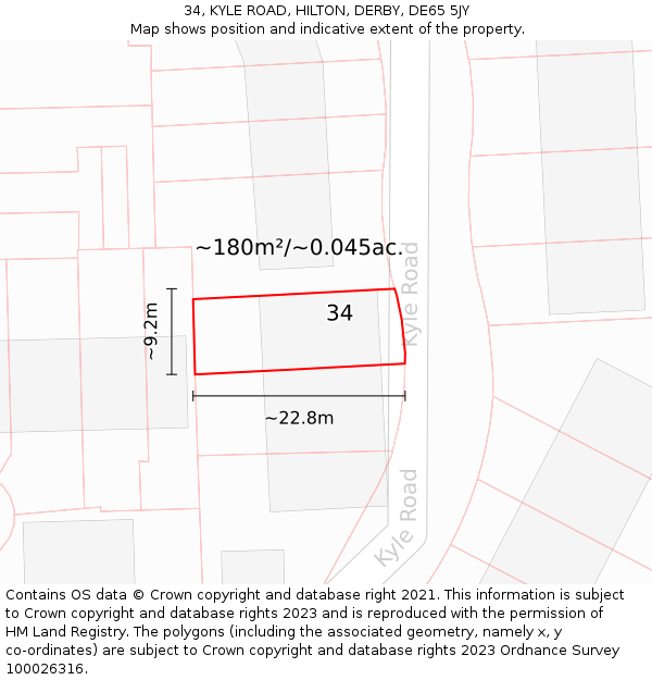 34, KYLE ROAD, HILTON, DERBY, DE65 5JY: Plot and title map