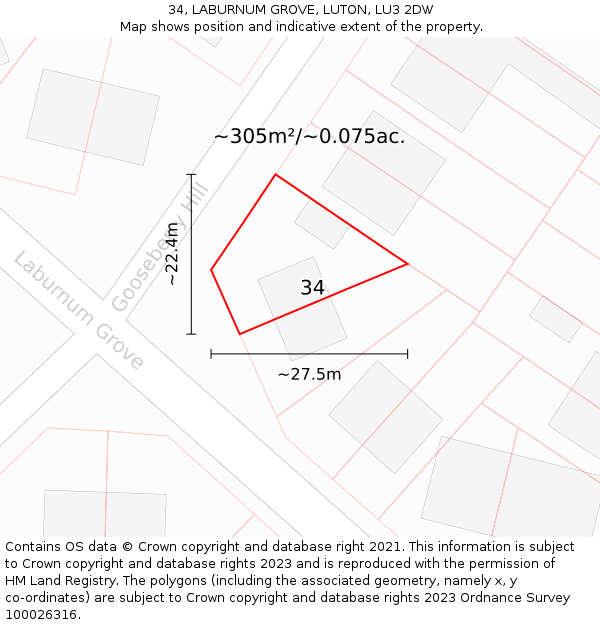 34, LABURNUM GROVE, LUTON, LU3 2DW: Plot and title map
