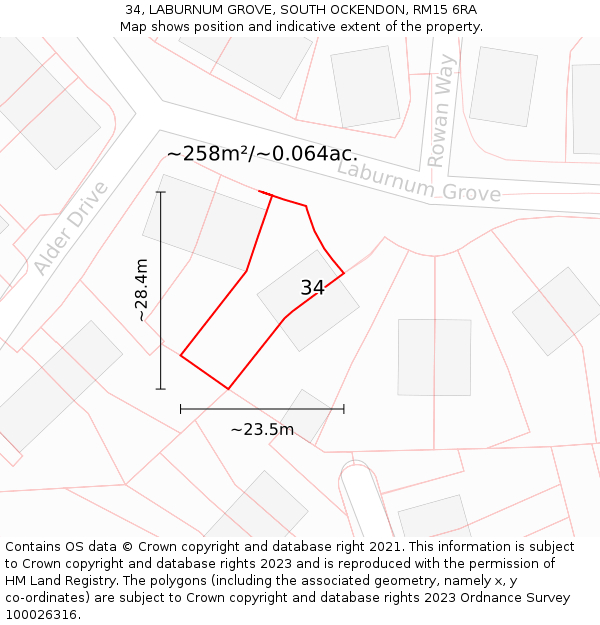 34, LABURNUM GROVE, SOUTH OCKENDON, RM15 6RA: Plot and title map