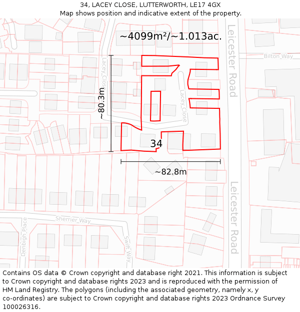 34, LACEY CLOSE, LUTTERWORTH, LE17 4GX: Plot and title map