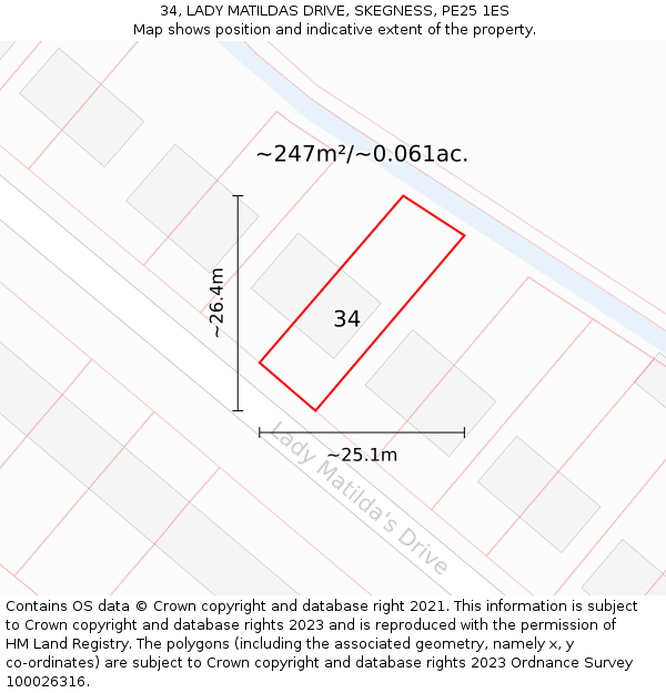 34, LADY MATILDAS DRIVE, SKEGNESS, PE25 1ES: Plot and title map