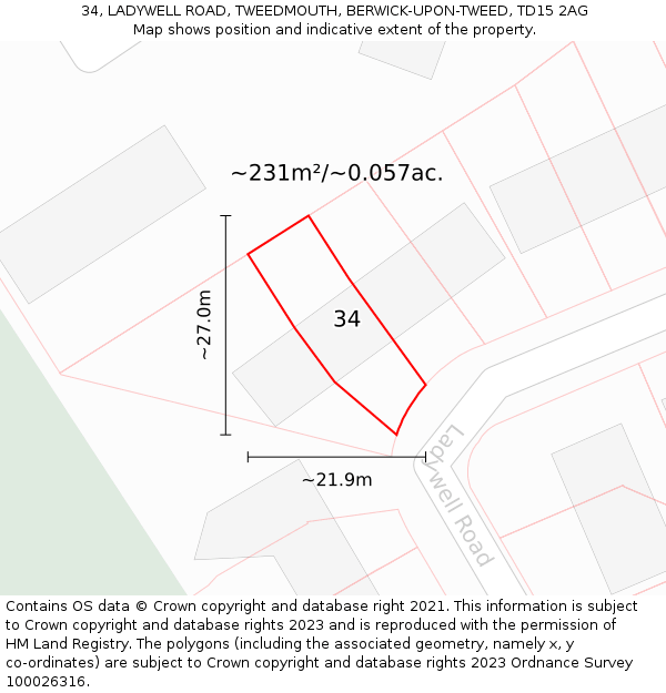 34, LADYWELL ROAD, TWEEDMOUTH, BERWICK-UPON-TWEED, TD15 2AG: Plot and title map