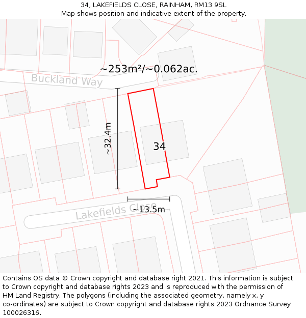 34, LAKEFIELDS CLOSE, RAINHAM, RM13 9SL: Plot and title map