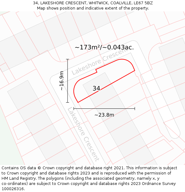 34, LAKESHORE CRESCENT, WHITWICK, COALVILLE, LE67 5BZ: Plot and title map