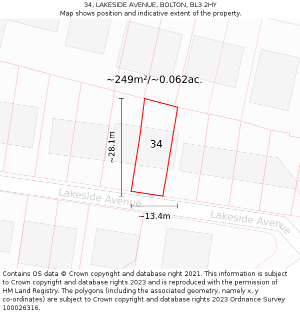 34, LAKESIDE AVENUE, BOLTON, BL3 2HY: Plot and title map