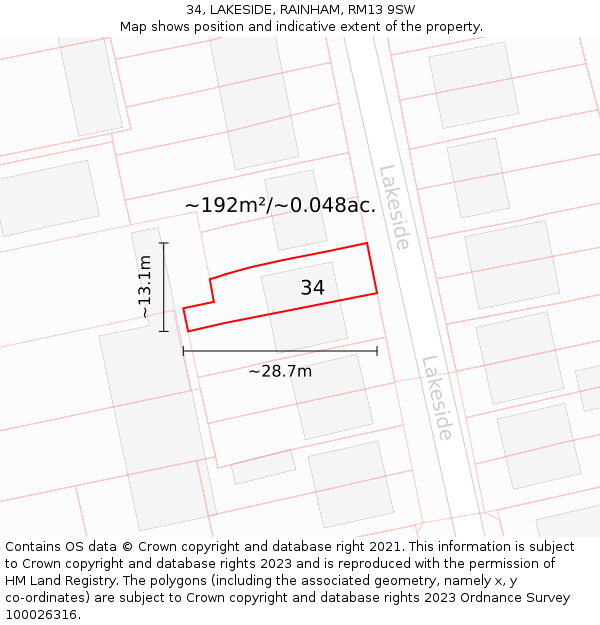 34, LAKESIDE, RAINHAM, RM13 9SW: Plot and title map