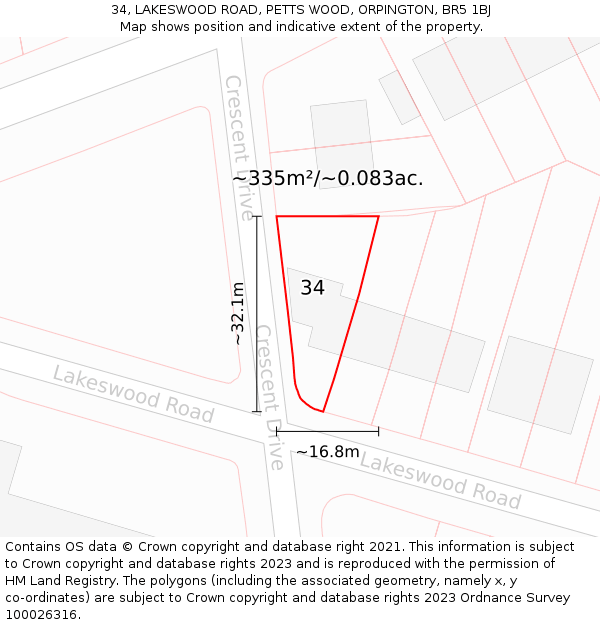 34, LAKESWOOD ROAD, PETTS WOOD, ORPINGTON, BR5 1BJ: Plot and title map