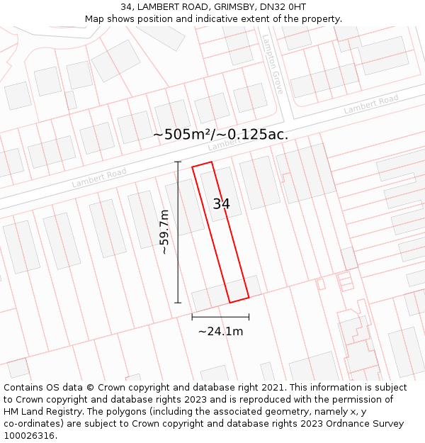 34, LAMBERT ROAD, GRIMSBY, DN32 0HT: Plot and title map