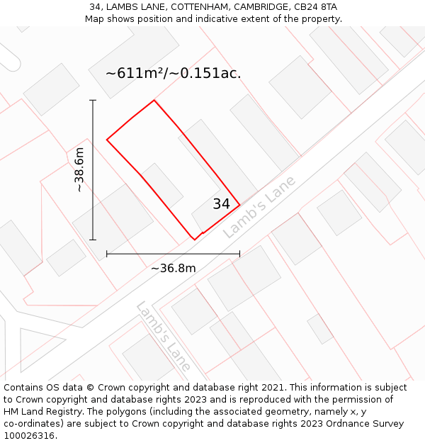 34, LAMBS LANE, COTTENHAM, CAMBRIDGE, CB24 8TA: Plot and title map