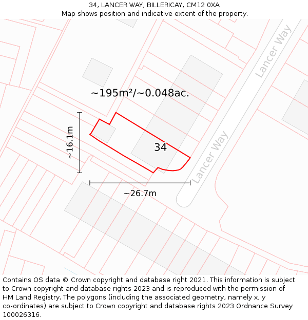 34, LANCER WAY, BILLERICAY, CM12 0XA: Plot and title map