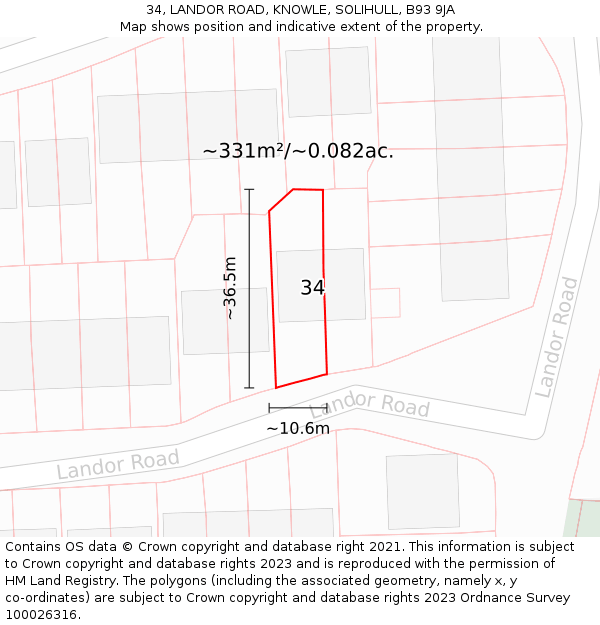 34, LANDOR ROAD, KNOWLE, SOLIHULL, B93 9JA: Plot and title map