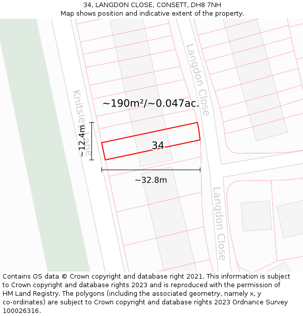 34, LANGDON CLOSE, CONSETT, DH8 7NH: Plot and title map
