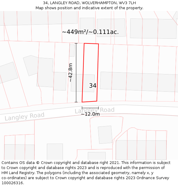 34, LANGLEY ROAD, WOLVERHAMPTON, WV3 7LH: Plot and title map