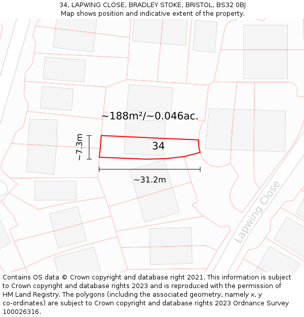 34, LAPWING CLOSE, BRADLEY STOKE, BRISTOL, BS32 0BJ: Plot and title map