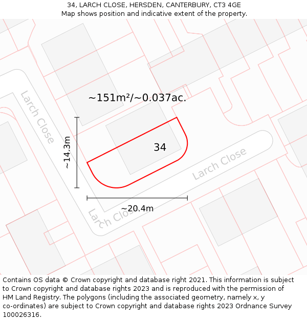 34, LARCH CLOSE, HERSDEN, CANTERBURY, CT3 4GE: Plot and title map